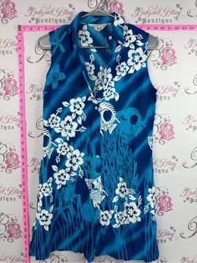 Cabali dress fish vintage button up Blue Floral Hawaiian Sleeveless Shirt